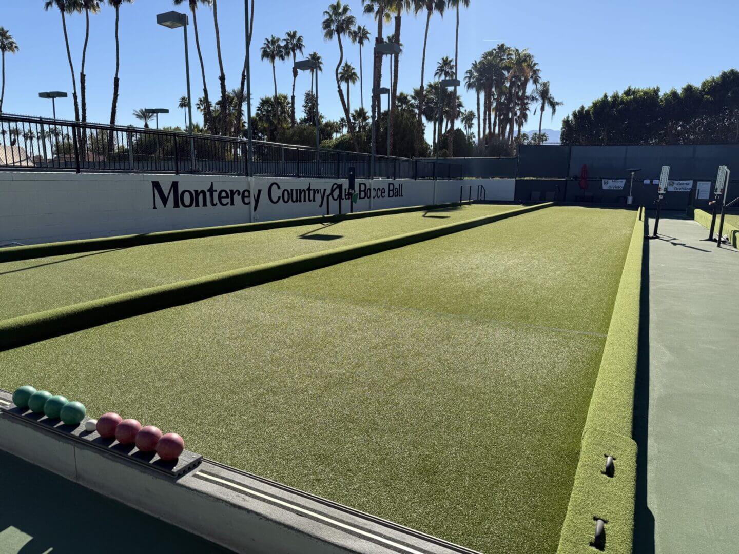 Outdoor lawn bowling green with palm trees in the background.