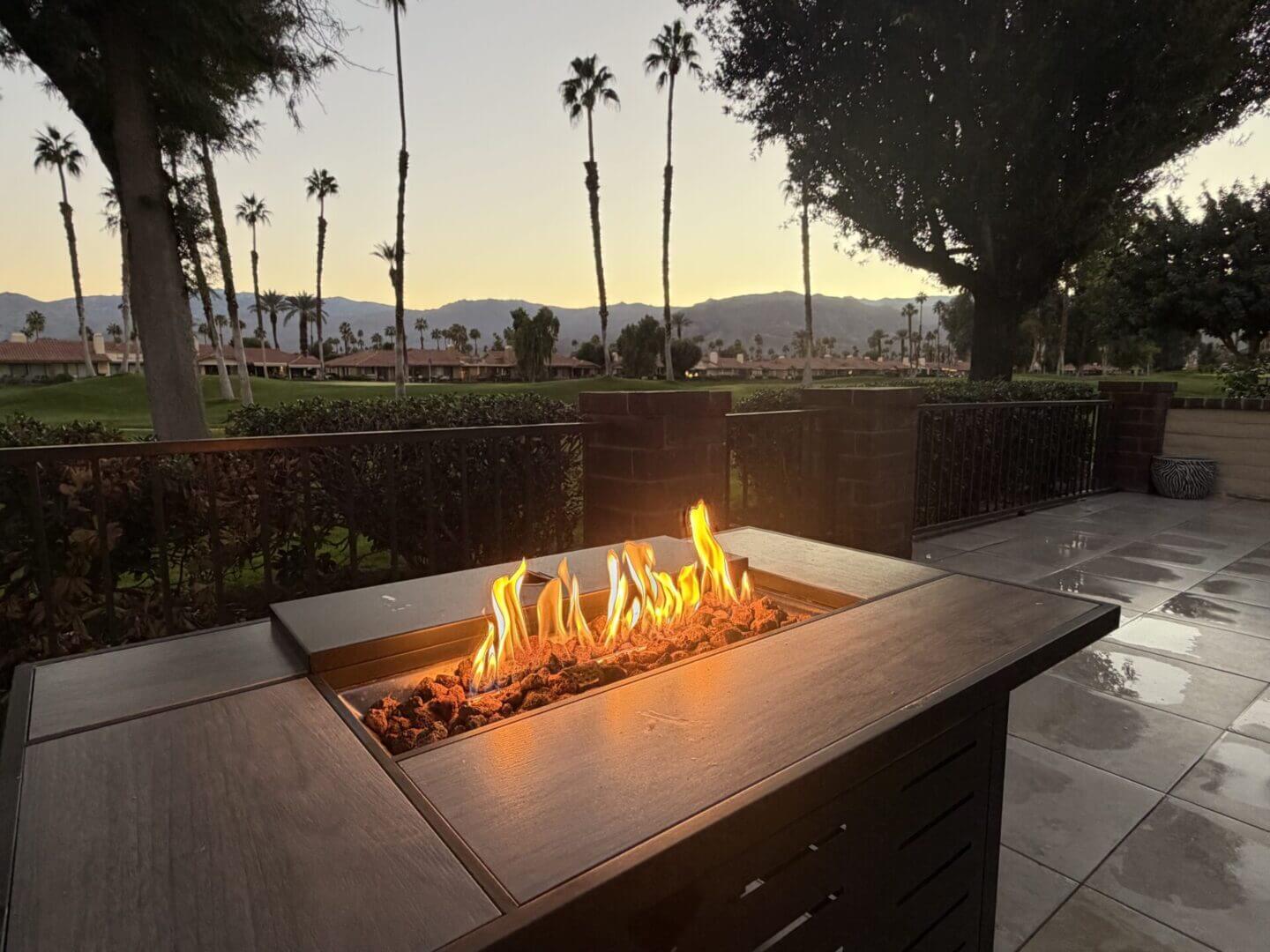 Outdoor fire pit glowing warmly at dusk with palm trees in the background.