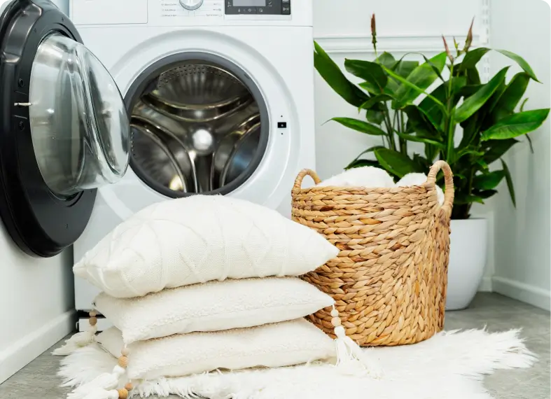 Cozy laundry setup with pillows