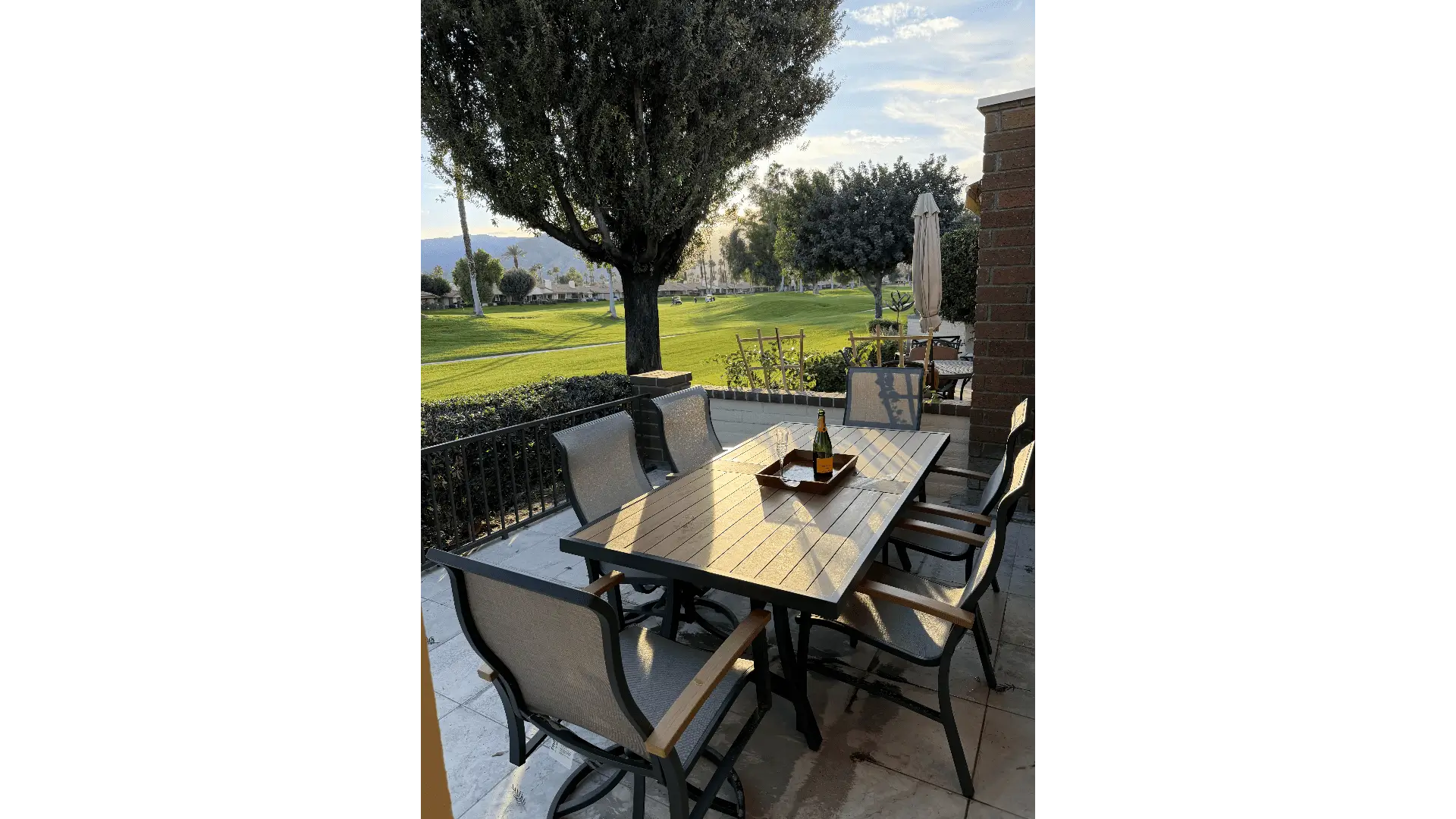Outdoor dining table with chairs under olive trees and a scenic landscape.